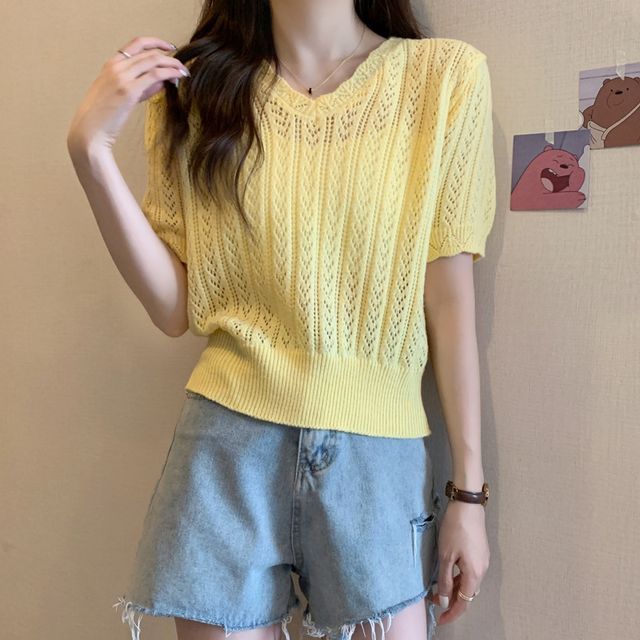 Short-Sleeve V-Neck Crochet Knit Top