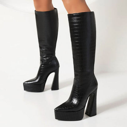 Crocodile Grain Pointed Toe Platform High Heel Knee High Boots