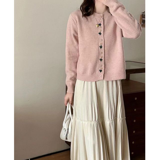 Crew Plain Floral Neck Cardigan