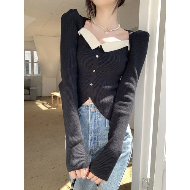 Square-Neck Top Knit Puff-Sleeve Slim-Fit