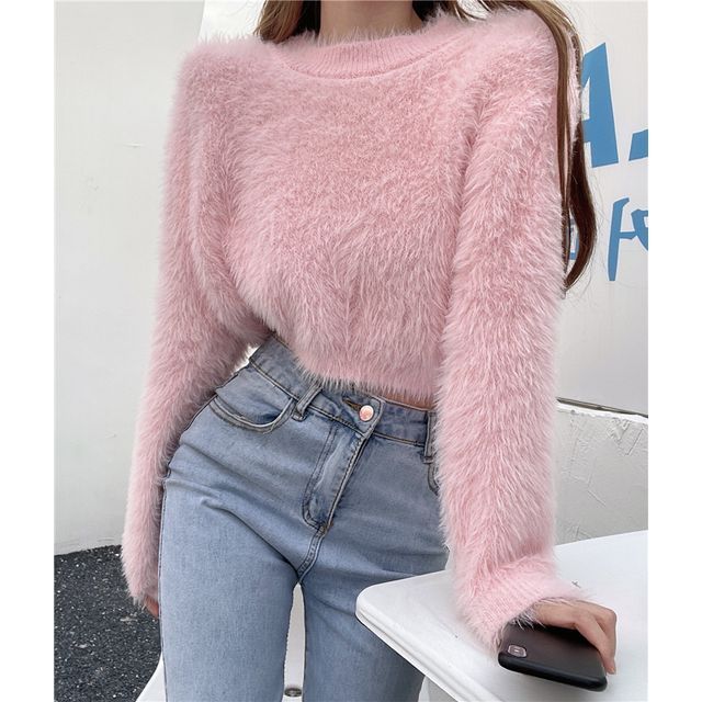 Round Sweater Plain Neck Cropped