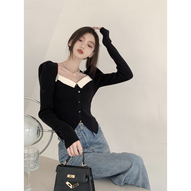 Square-Neck Top Knit Puff-Sleeve Slim-Fit