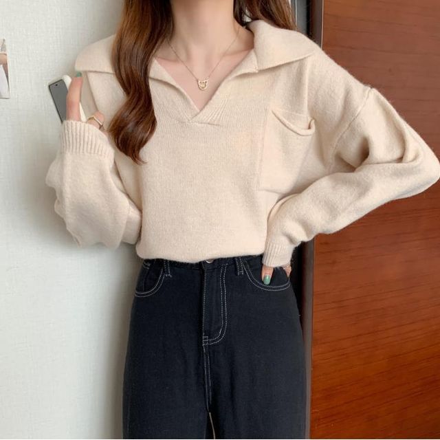 Loose-Fit Sweater V-Neck Plain