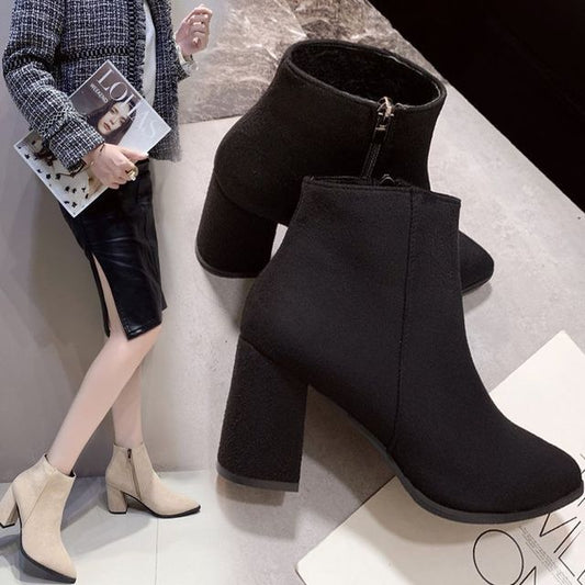 Boots Heel Chunky Ankle Pointed