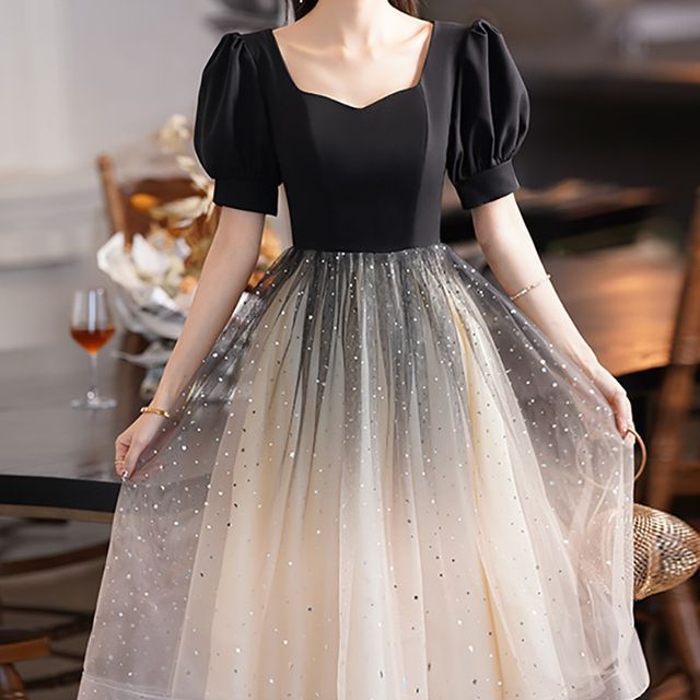 Evening Two Gown Tone Puff-Sleeve Cocktail Sequin A-Line Dress /