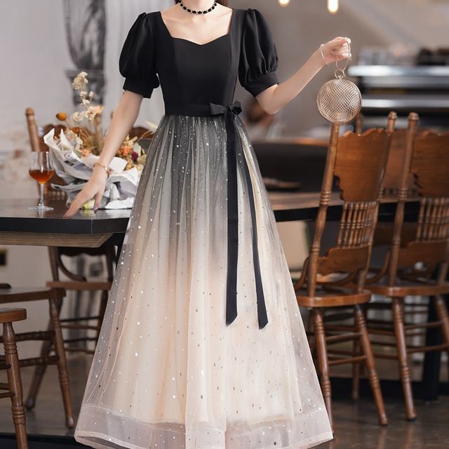 Evening Two Gown Tone Puff-Sleeve Cocktail Sequin A-Line Dress /