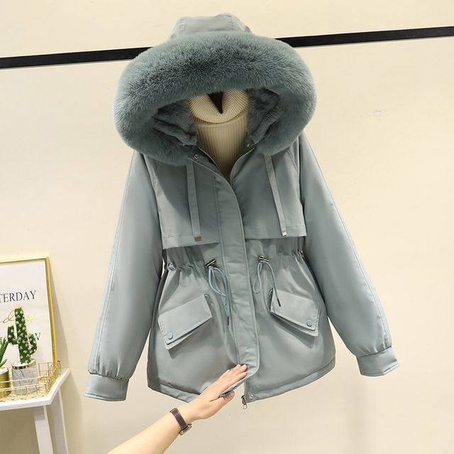 Fluffy Hooded Plain Puffer Jacket