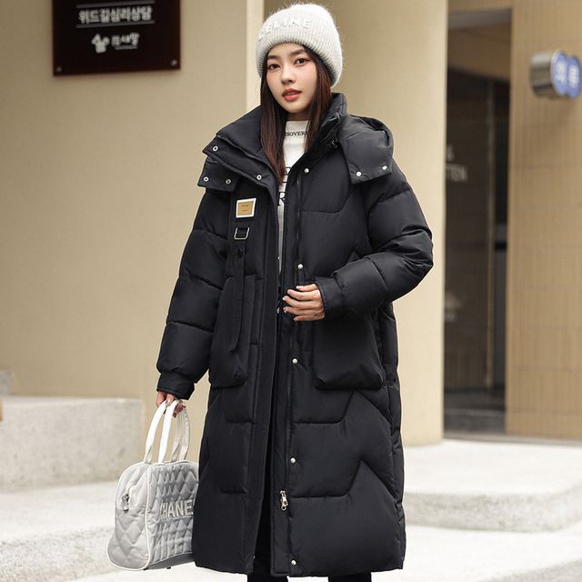 Lettering Applique Hooded Midi Zip Puffer Coat