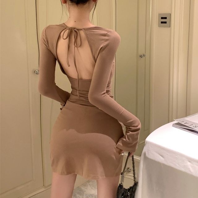 Back Dress Sheath Mini Open Neck Plain Long-Sleeve Crew