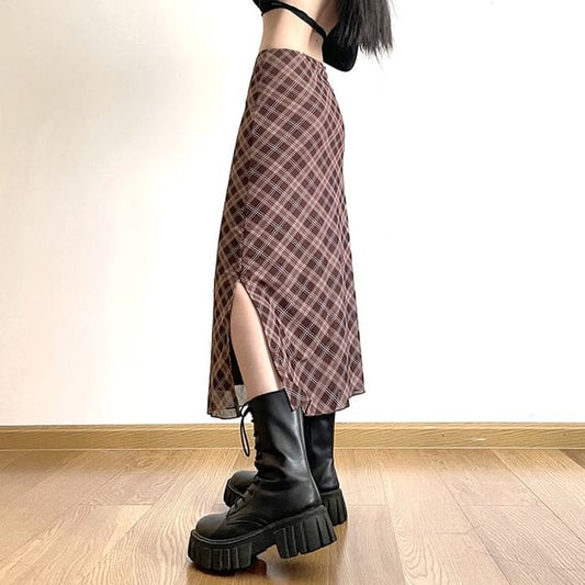 Skirt Mid Plaid Waist A-Line Midi