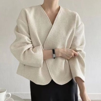 V-Neck Tweed Open Front Jacket