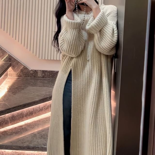 Sweater Dress Plain Crew Slit Neck Midi