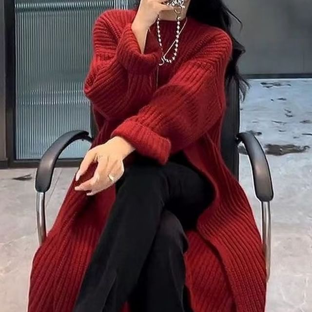 Sweater Dress Plain Crew Slit Neck Midi