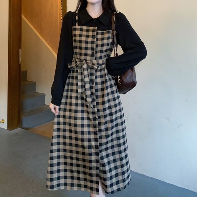 Plaid Piece Long-Sleeve Midi Two A-Line Collared Mock Dress