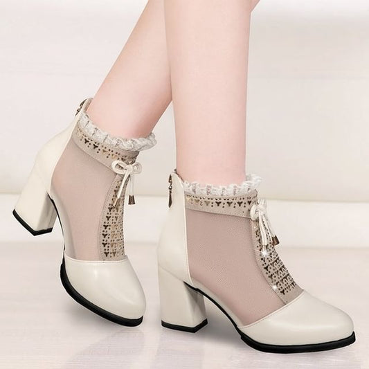 Heel Boots Chunky Pointed Ankle Panel Mesh Lace Trim