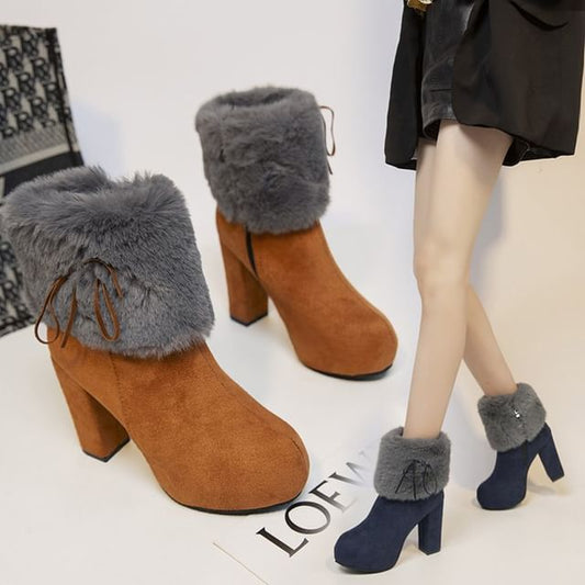 Boots Ankle Platform Heel Trim Chunky Fluffy