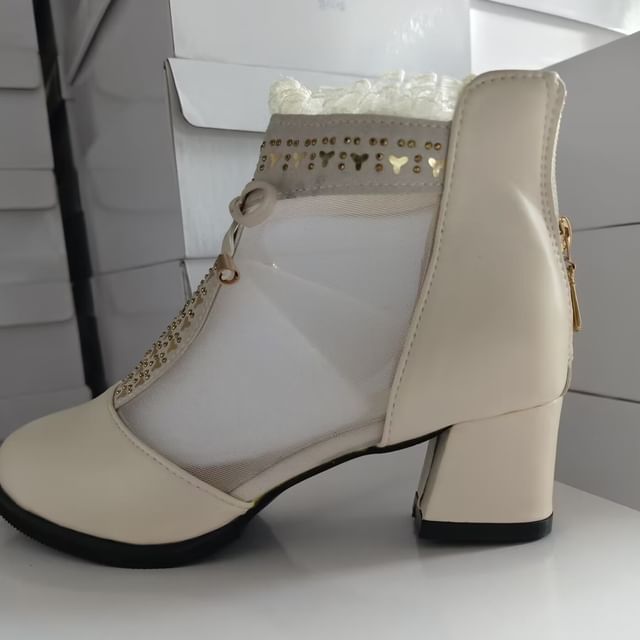 Heel Boots Chunky Pointed Ankle Panel Mesh Lace Trim