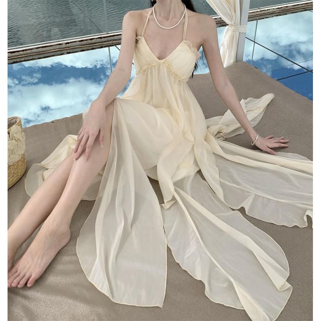 Ruffle Maxi Plain Neck Dress Frill Trim A-Line Back Asymmetrical Open Halter