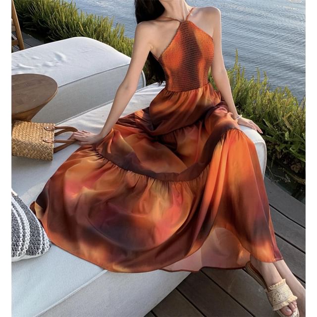 A-Line Maxi Neck Tie Open Smocked Halter Dye Dress Back