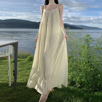 Neck Strap A-Line Spaghetti Maxi Back Dress Scoop Plain Open