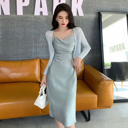 Spaghetti Strap V-Neck Plain Ruched Satin Slit Midi Sheath Dress