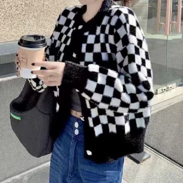 Neck Cardigan Crew Checkerboard