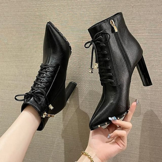 Ankle Pointed Heel Boots Lace-Up High