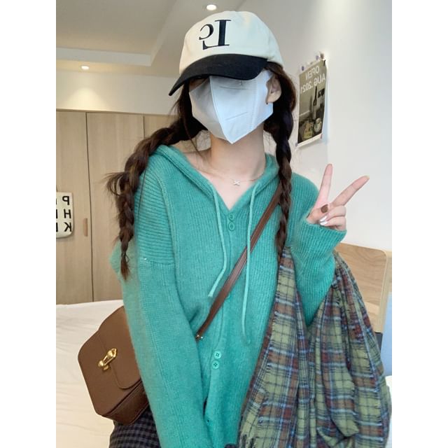 Cardigan Plain Button-Up Hooded