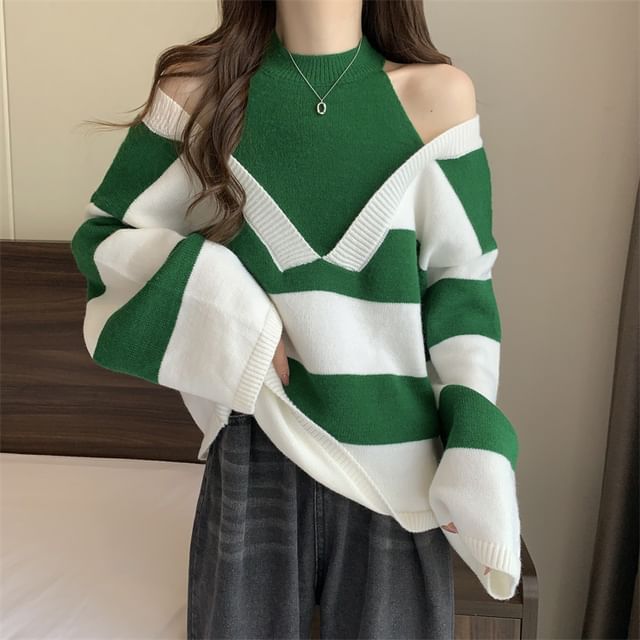 Striped Two-Piece Mock Long-Sleeve Sweater