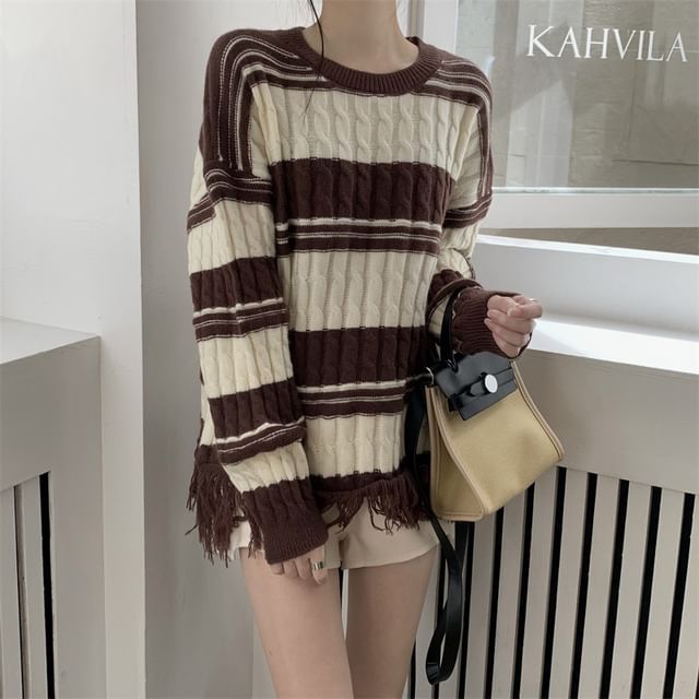 Frayed Striped Loose-Fit Sweater