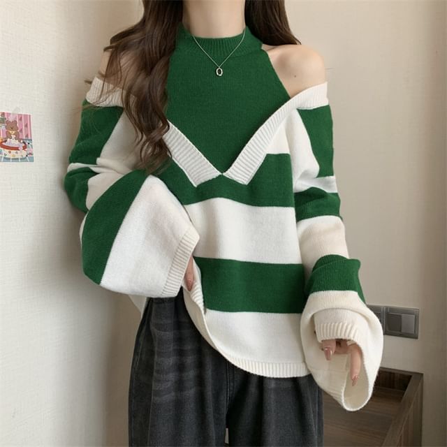 Striped Two-Piece Mock Long-Sleeve Sweater