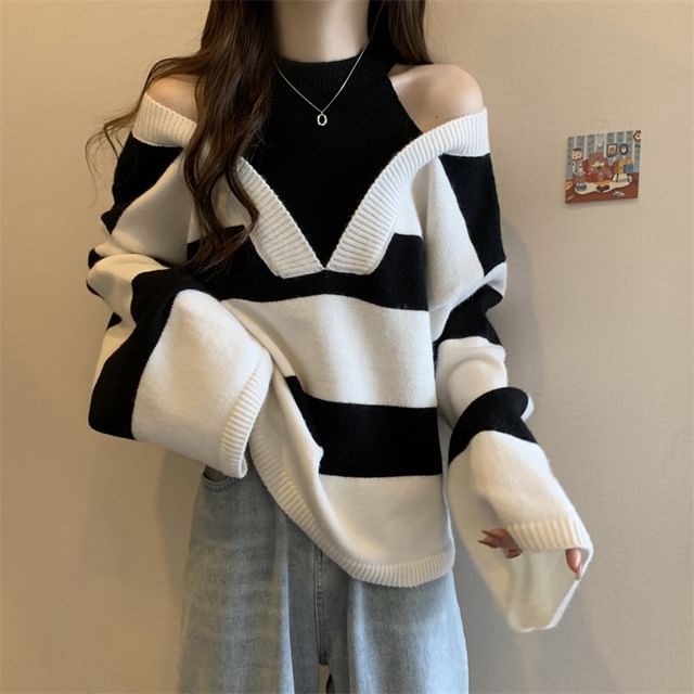 Striped Two-Piece Mock Long-Sleeve Sweater