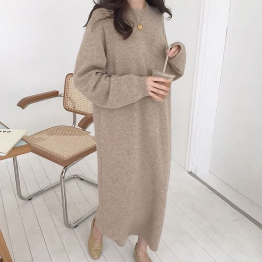 Long-Sleeve Crew Neck Plain Midi Shift Sweater Dress