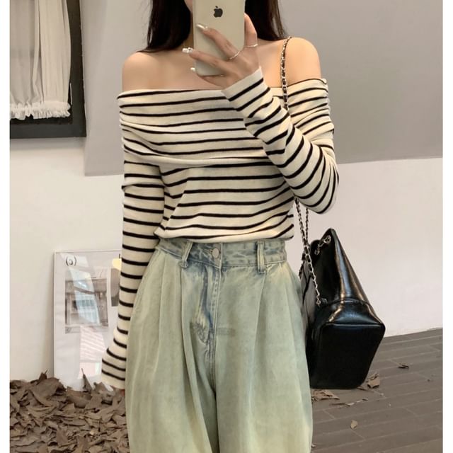 Knit Long-Sleeve Striped Top Slim-Fit