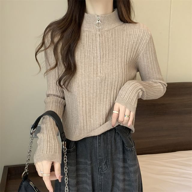 Zip Mock-Neck Top Long-Sleeve Plain Knit Slim-Fit Half