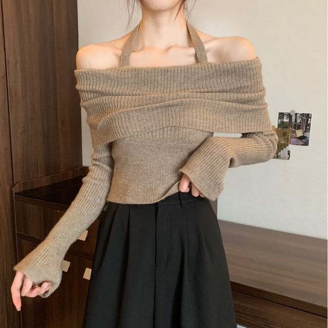 Long-Sleeve Halter Sweater Off-Shoulder