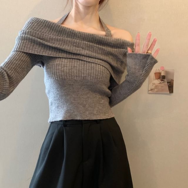 Long-Sleeve Halter Sweater Off-Shoulder