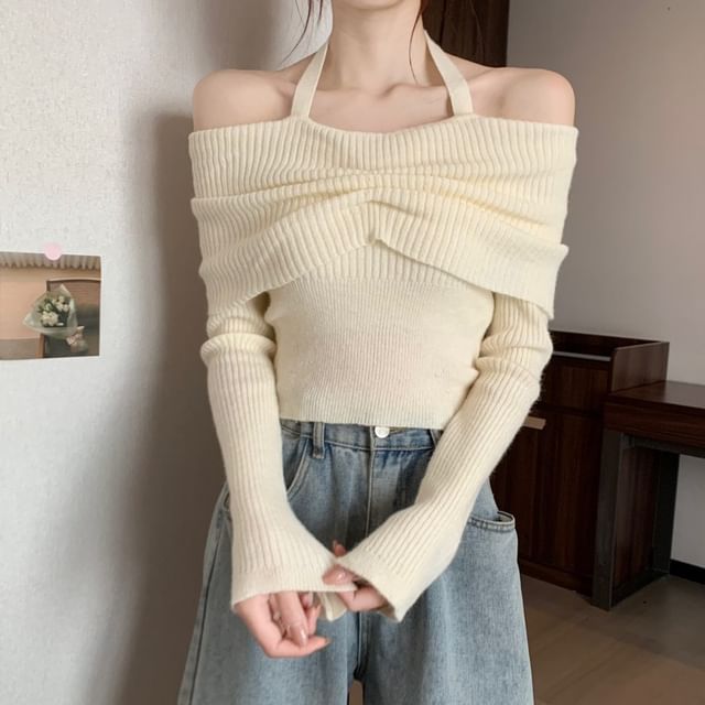 Long-Sleeve Halter Sweater Off-Shoulder