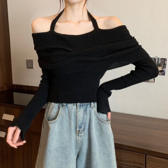 Long-Sleeve Halter Sweater Off-Shoulder