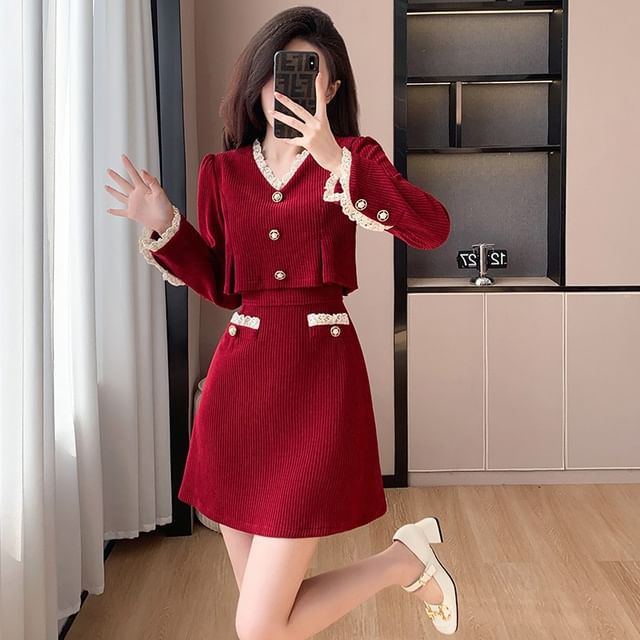 Mock Two-Piece Long-Sleeve V-Neck Lace Trim Corduroy Mini A-Line Dress