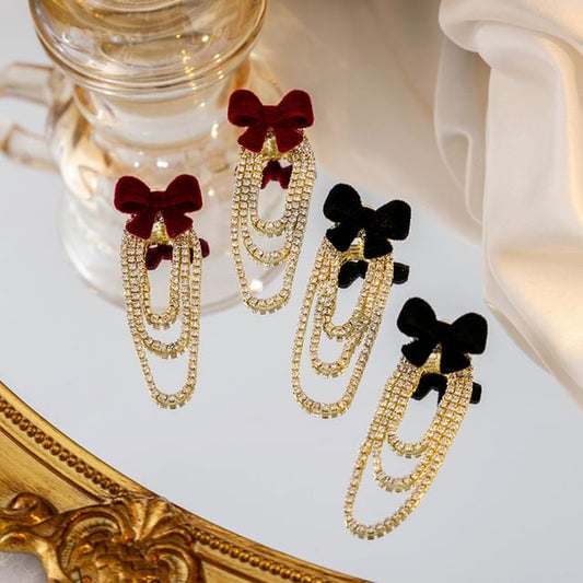 Flocking Bow Rhinestone Chain Alloy Dangle Earring