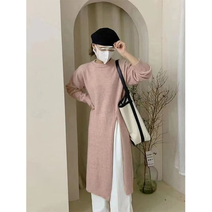 Long-Sleeve Crew Neck Plain Slit Midi Sweater Dress