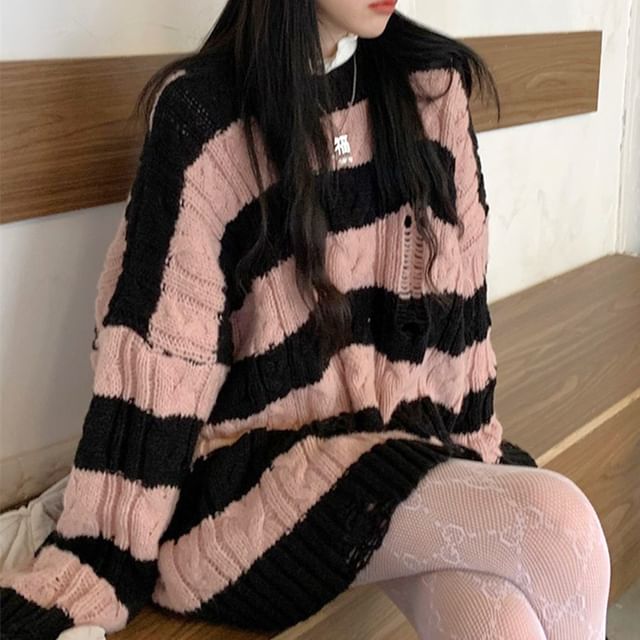 Sweater Striped Crew Knit Cable Distressed Neck