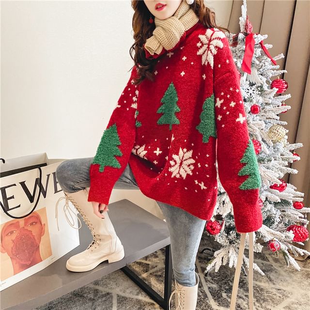 Sweater Tree Crew Neck Jacquard Christmas