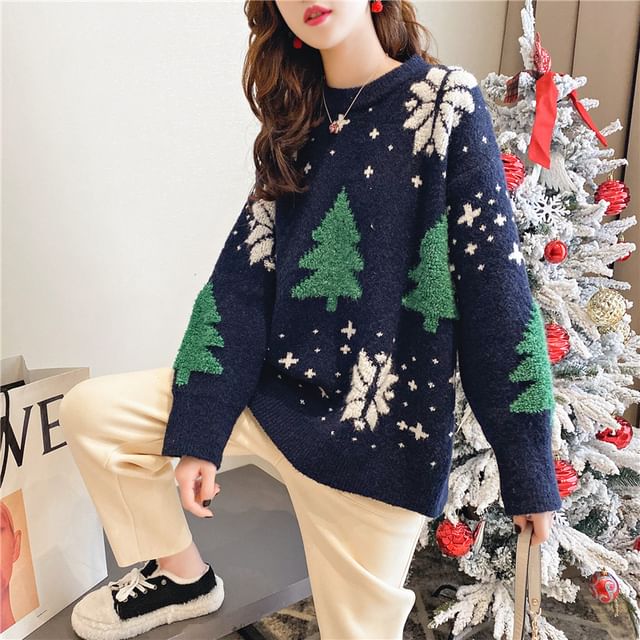 Sweater Tree Crew Neck Jacquard Christmas