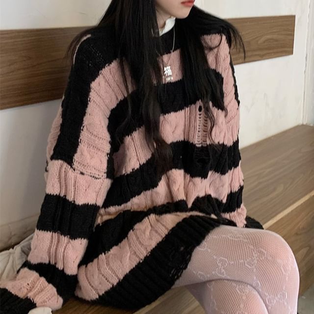 Sweater Striped Crew Knit Cable Distressed Neck