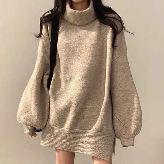 Balloon Sleeve Turtleneck Plain Slit Oversized Sweater