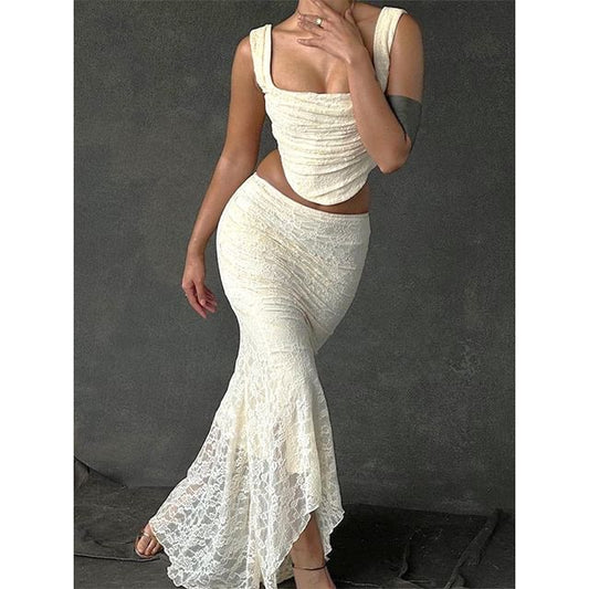 Top / Mermaid Waist Neck Tank Plain Square Crop High Lace Maxi Skirt