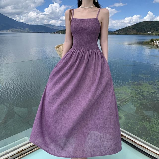 Spaghetti Midi A-Line Strap Plain Dress