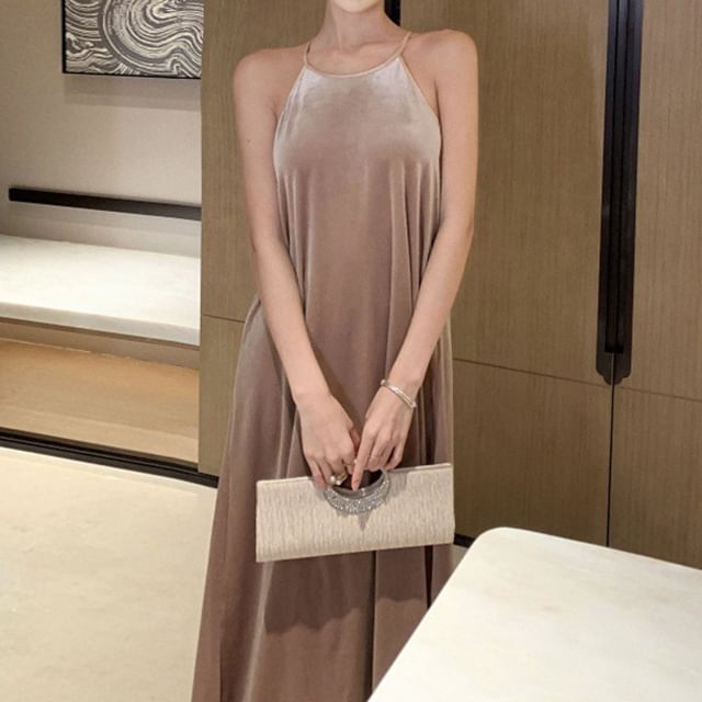 A-Line Maxi Dress Velvet Neck Halter